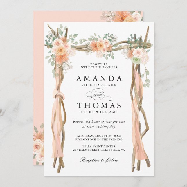 Invitación temática de Rubor Moda Floral Boda Arch (Anverso / Reverso)