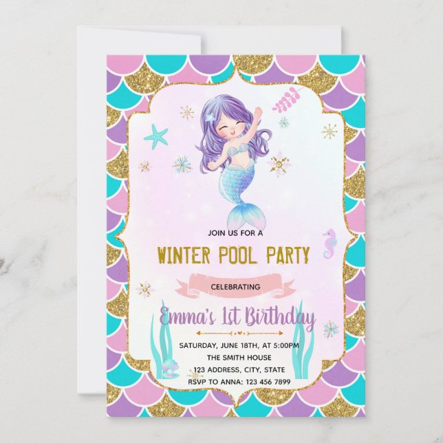 Invitación temática de sirena de piscina de invier (Anverso)