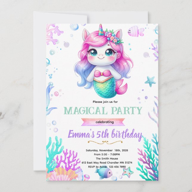 invitación temática de sirena de unicornio (Anverso)