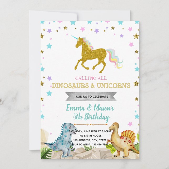 Invitación temática de Star dinosaur unicorn fiest (Anverso)