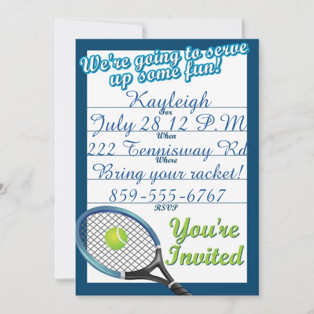 Invitación temática de tenis personalizado (Anverso)
