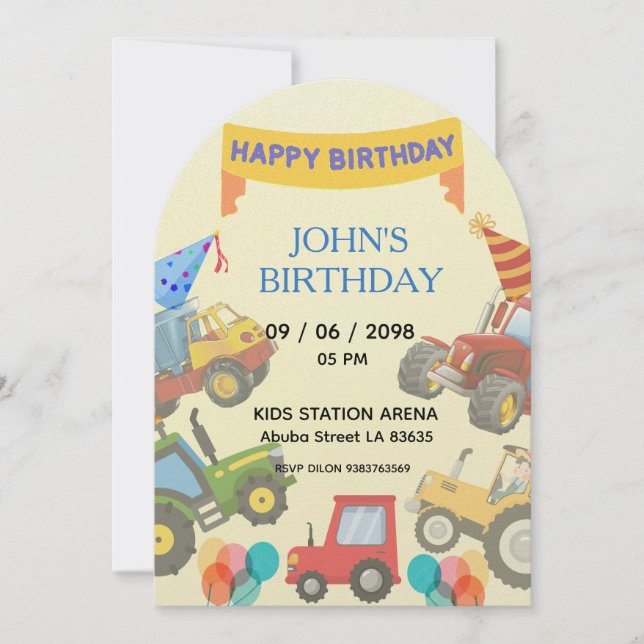 Invitación temática de tractor de dibujos animados (Anverso)
