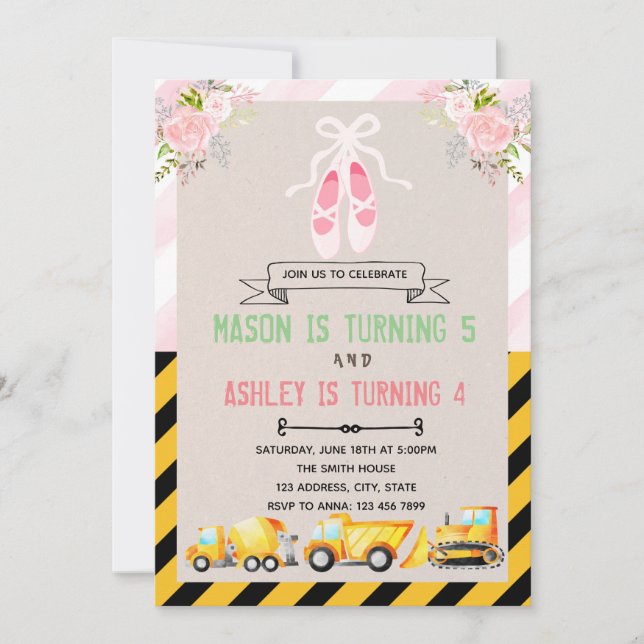 Invitación temática de Tutu y fiesta de camiones (Anverso)