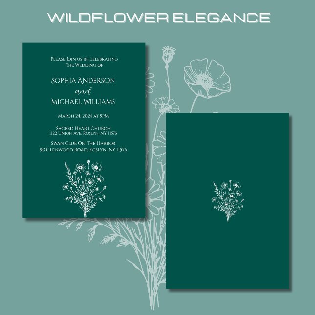Invitación temática de Wildflower Elegance Boda (Wildflower Elegance Wedding Invitations-Emerald Green-Rustic, Bohemian, Country Elegant)