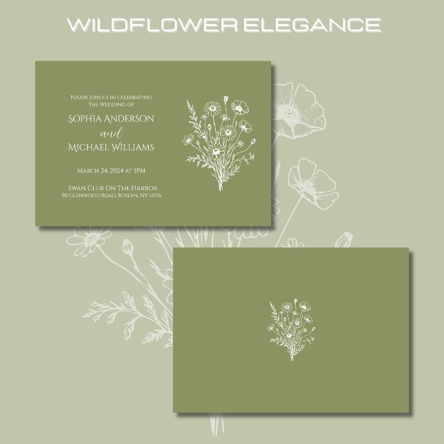 Invitación temática de Wildflower Elegance Boda (Wildflower Elegance Wedding Fern Green Collection-Rustic, Country Bohemian)