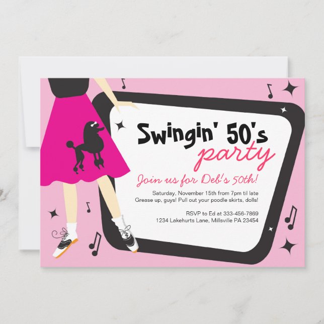 Invitación temática del fiesta de los años 50 de (Anverso)