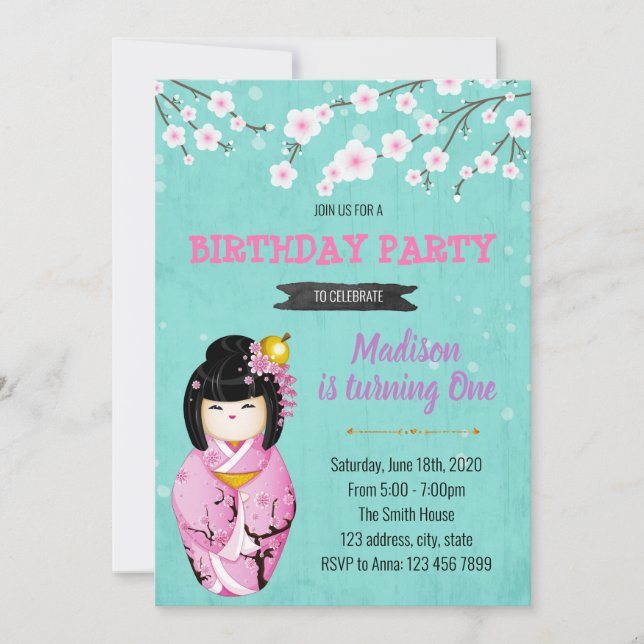 Invitación temática del fiesta de muñecas Kokeshi (Anverso)