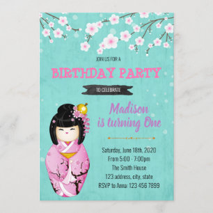 Invitación temática del fiesta de muñecas Kokeshi