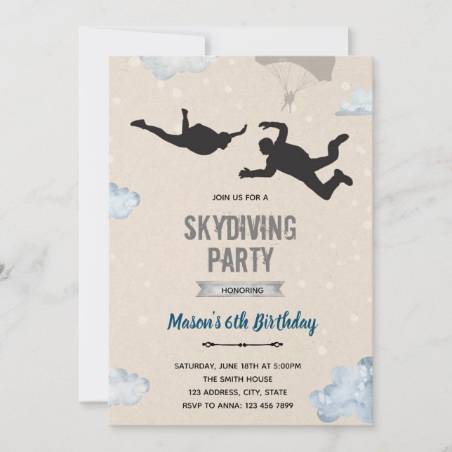 Invitación temática del fiesta de Skydiving (Anverso)
