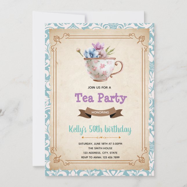 Invitación temática del fiesta de té de época (Anverso)