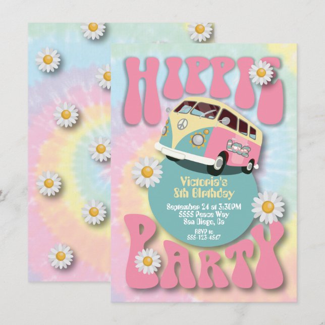Invitación temática del Fiesta hippie de los años  (Anverso / Reverso)