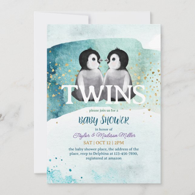 Invitación Temática del invierno pingüino Twin (Anverso)