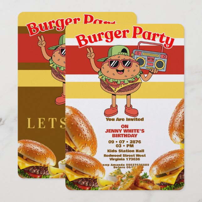 Invitación temática para fiesta de hamburguesas (Anverso / Reverso)