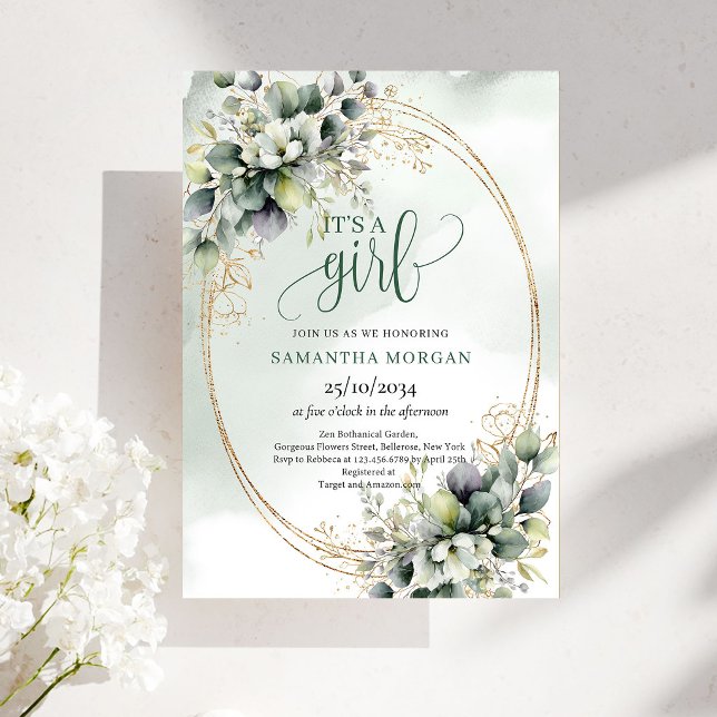 Invitación temática verde blanca botánica Es una n (Botanical Green White Theme It’s A Girl Invitation)