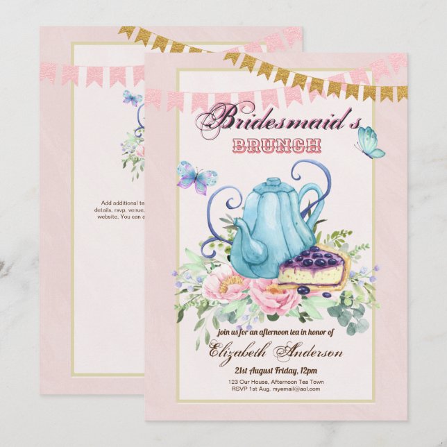 Invitación Temblorosa tarde Tea Bridesmaids Brunch Lunch (Anverso / Reverso)
