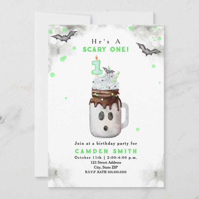 Invitación Temeroso Un Fantasma Verde Milkshake 1º cumpleaños (Anverso)