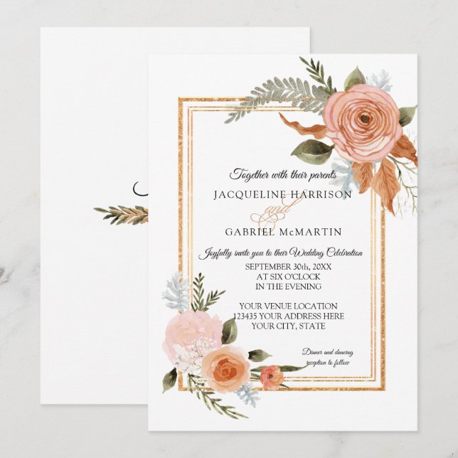 Invitación TEMPLATE Elegante Boda Rústico Fall Floral Gold (Anverso / Reverso)