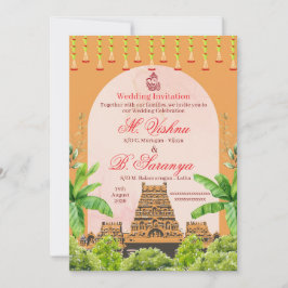 Invitación Templo hindú del sur de la India y boda con hoja d