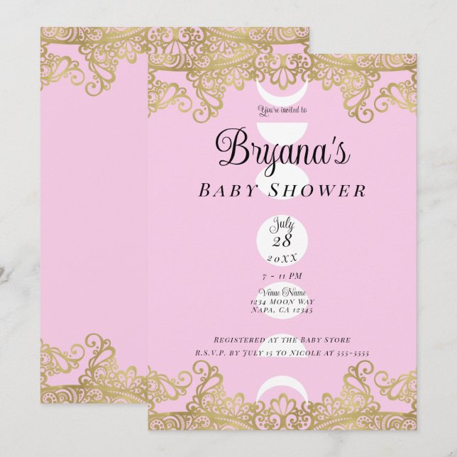 Invitación Templo Lunar Rosa y Dorado Baby Shower Ornamentado (Anverso / Reverso)