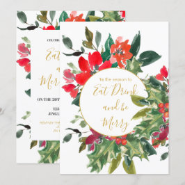 Invitación Temporada de navidades Holly Wreath Gold