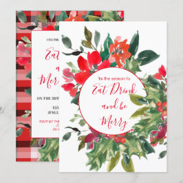 Invitación Temporada de navidades Holly Wreath Red