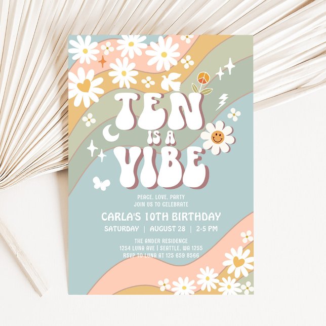 Invitación TEN es una Vibra Daisy Hippie Cumpleaños Retro 70s (Subido por el creador)