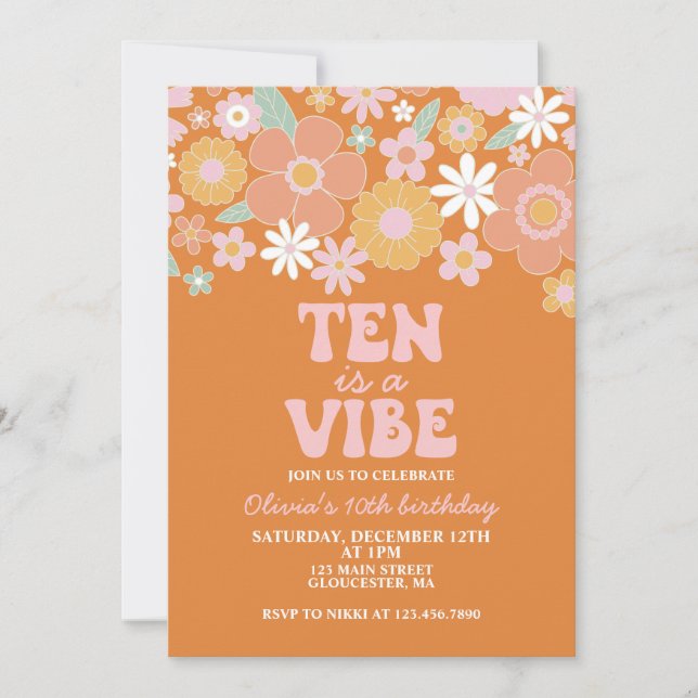 Invitación Ten es una vibra Groovy Retro Floral 10 años (Anverso)