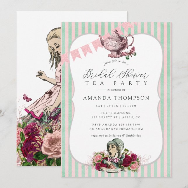 Invitación Tendencia Alicia En La Ducha De Novias Del Fiesta  (Anverso / Reverso)