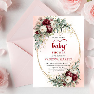 Invitación Tendencia Boho Floral Granate Acento Dorado Baby S