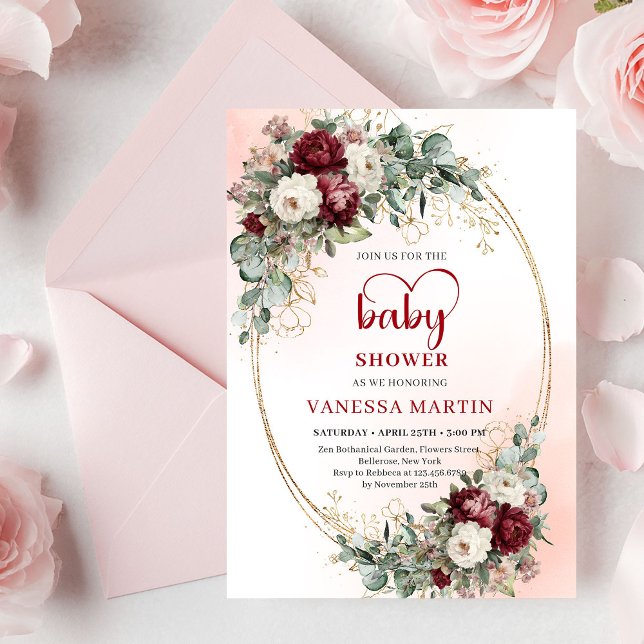 Invitación Tendencia Boho Floral Granate Acento Dorado Baby S (Trendy Maroon Floral Gold Accent Baby Shower Invite

)