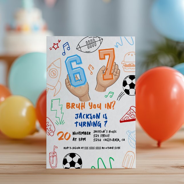 Invitación Tendencia de meme 6 7 Seis Siete Cumpleaños infant (6 7 Meme Trend Six Seven Kids Birthday Sports Bruh Invitation)