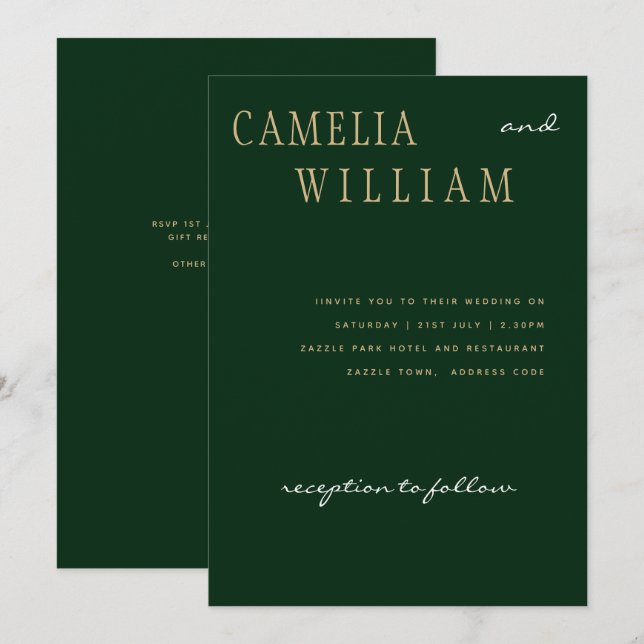 Invitación Tendencia del oro verde esmeralda Boda moderno (Anverso / Reverso)