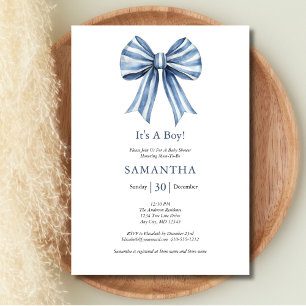 Invitación Tendencia Moderna Azul Bow Niño Baby Shower