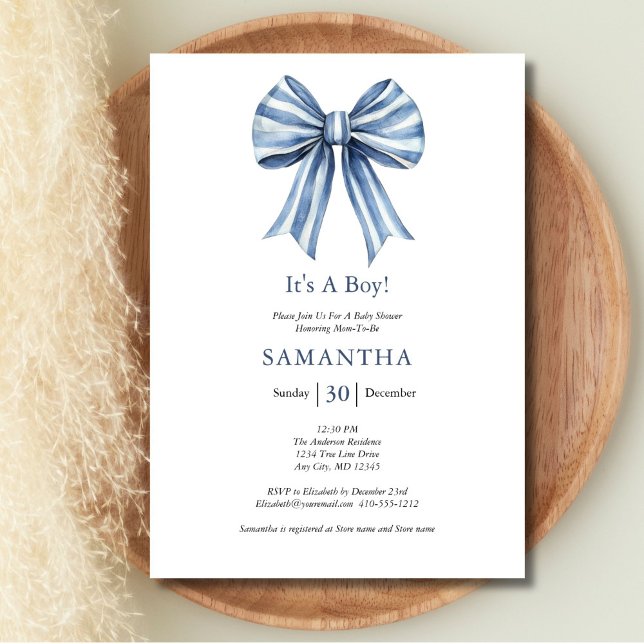 Invitación Tendencia Moderna Azul Bow Niño Baby Shower (Blue Bow Boy Baby shower invitation. Printed or Instant digital download)