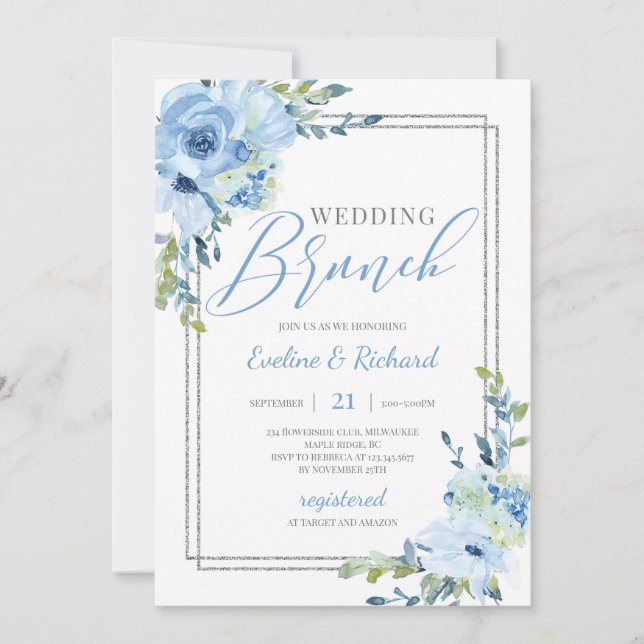 Invitación Tendencias boda floral azul polvoriento marco de p (Anverso)