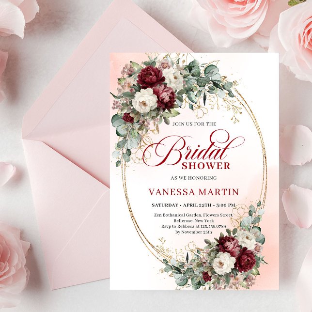 Invitación Tendencias de salpicadero floral granate dorado pa (Trendy Maroon Floral Gold Accent Bridal Shower

)