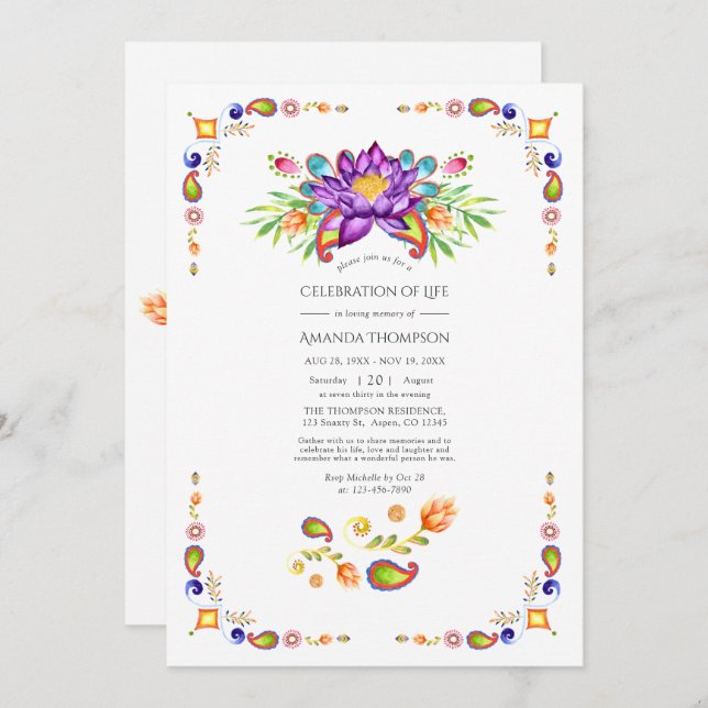Invitación Tendencias Florales Paisley Celebración de la Vida (Anverso / Reverso)