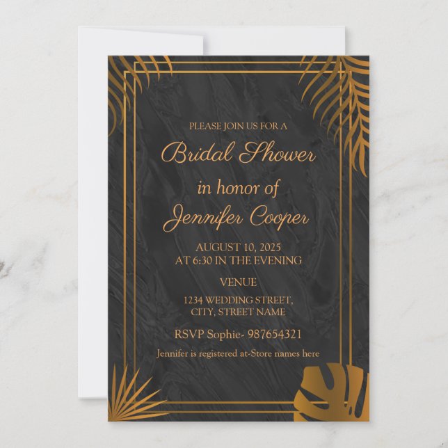 Invitación Tendencias Hojas de Oro Marco Geométrico Despedida (Anverso)