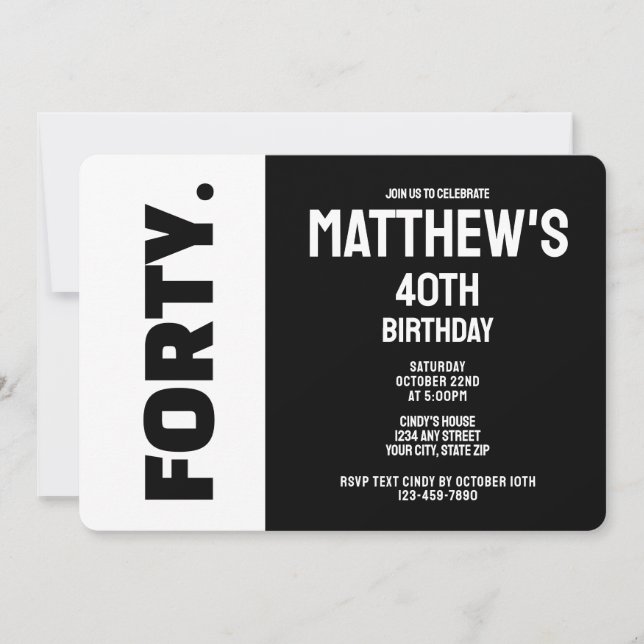 Invitación Tendencias modernas Cumpleaños 40 negro y blanco (Anverso)