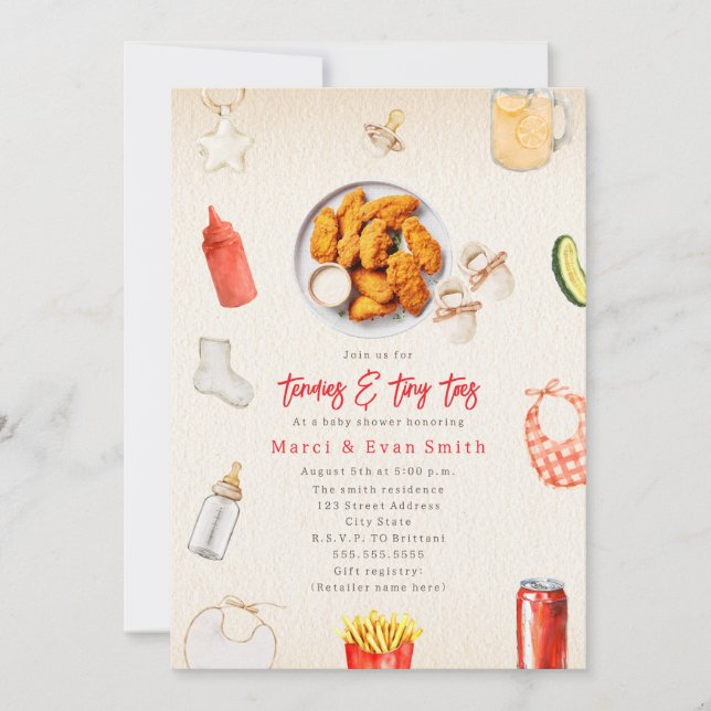 Invitación Tendergos de Pollo Deditos Bebé Ducha Neutral  (Anverso)