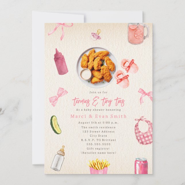 Invitación Tendies Dedos Pequeños de Pollo Cumple de Bebé Niñ (Anverso)
