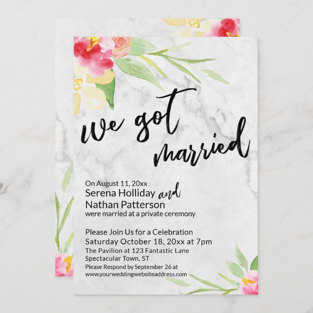 Invitación Tenemos Flores De Agua Casadas Y Mármol Gris (Anverso / Reverso)