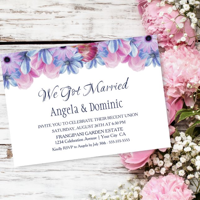 Invitación Tenemos La Recepción De Boda Floral Azul Rosa (Subido por el creador)