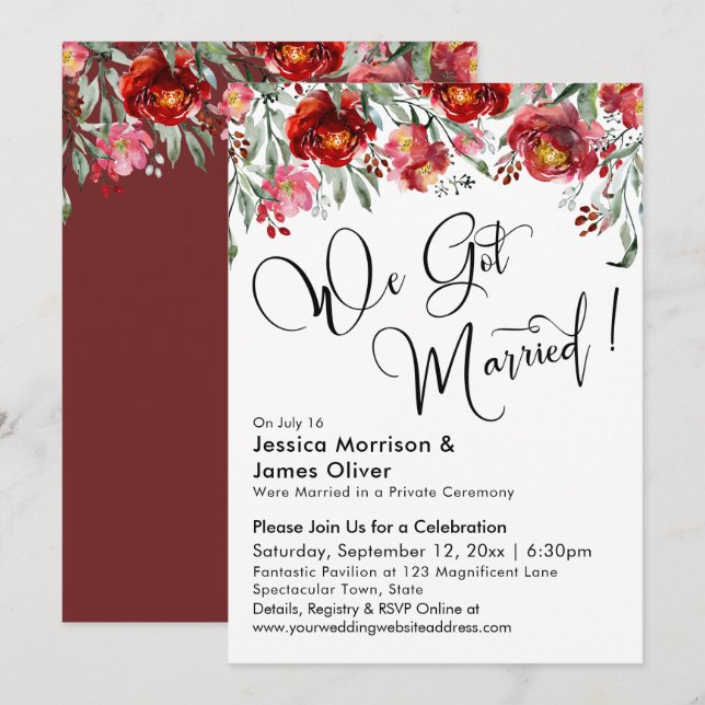 Invitación Tenemos Tipografía Casada Flores Rojas Borgoñonas (Anverso / Reverso)