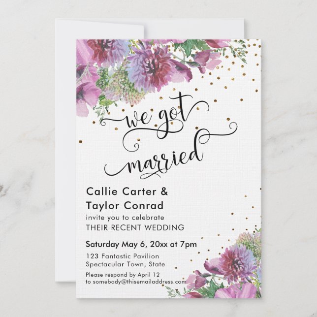 Invitación Tenemos Typografía Casada Confeti De Oro De Flor S (Anverso)