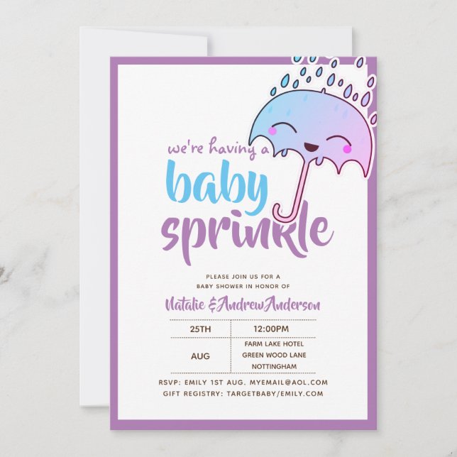 Invitación Tener un bebé SPRINKLE Kawaii Azul Púrpura (Anverso)