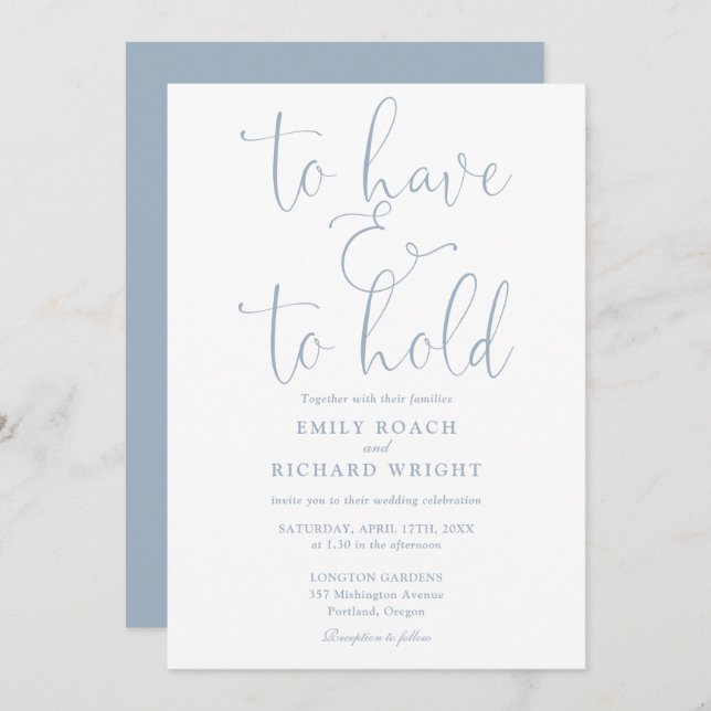 Invitación Tener Y Mantener El Boda Azul Dusto Script (Anverso / Reverso)