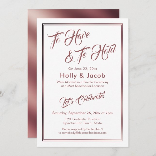 Invitación Tener y Mantener Rose Gold Sobre Blanco, Recepción (Anverso / Reverso)
