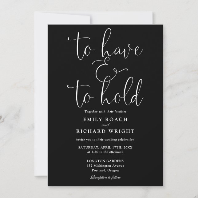Invitación Tener Y Mantener Script Boda Blanco Y Negro (Anverso)