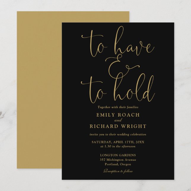 Invitación Tener Y Mantener Script Negro Y Boda Oro (Anverso / Reverso)